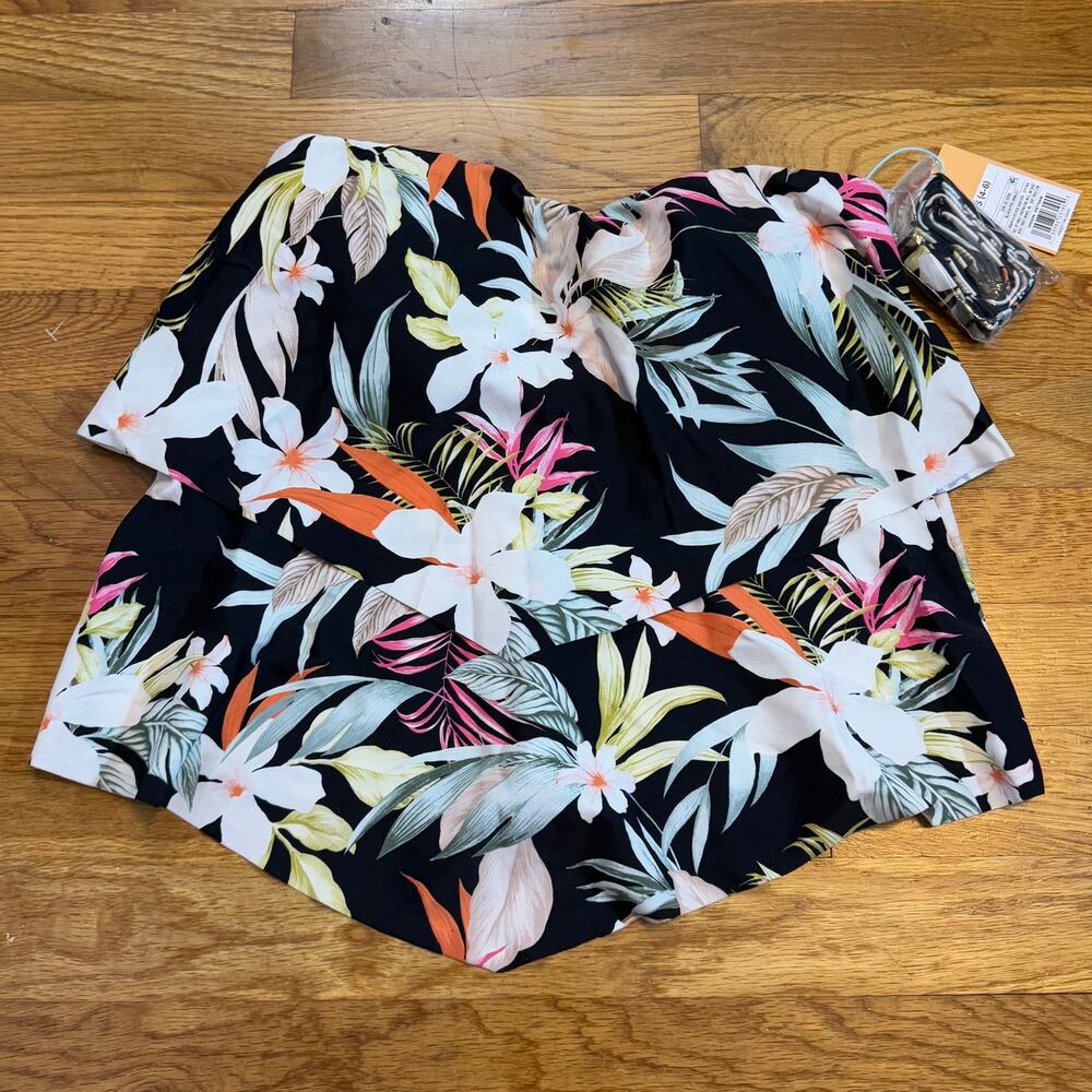Kona Sol Womens Small 4 6 Orange Black Tropical Floral Hawaii Strapless Swim Top